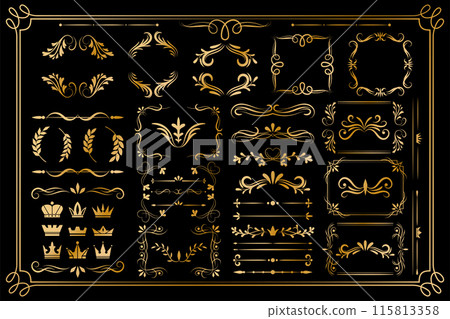 Frame border gold. Decor line ornament, golden luxury design for certificate. Royal elegant flower card, element flourish divider antique classic ornate, crown and leaves. Vector garish isolated set Frame border gold. Decor line ornament, golden luxury design for certificate. Royal elegant flower card, element flourish divider antique classic ornate, crown and leaves. Vector garish isolated set 115813358