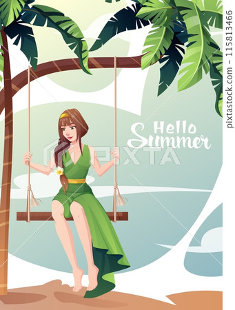 Postcard with Woman is engaged in active recreation on the beach. woman enjoys a moment of relaxation while swinging on a swing on a tropical beach in summer. Summer holiday, beach, vacation. For 115813466