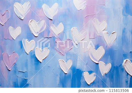 Abstract oil painting banner) White rough hearts pattern on light blue and pale purple background. AI generated image 115813506