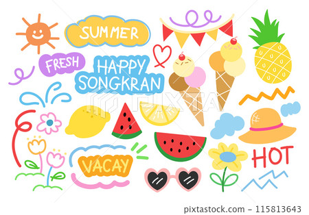 Happy Thai Songkran icons including campaign logo, watermelon, ice cream, lemon, sunglasses, flowers, pineapple, hot font, typography, sunny day, cloud for water festival icons, summer fruit, patches Happy Thai Songkran icons including campaign logo, watermelon, ice cream, lemon, sunglasses, flowers, pineapple, hot font, typography, sunny day, cloud for water festival icons, summer fruit, patches 115813643
