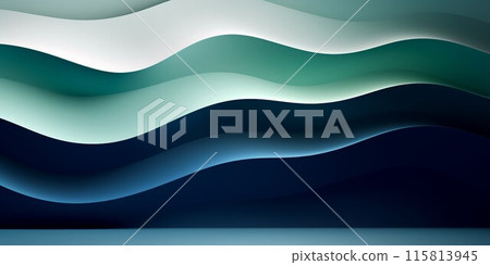 3D style horizontal background. Abstract space with white, teal and blue curved walls and a flat floor. AI generated image 115813945