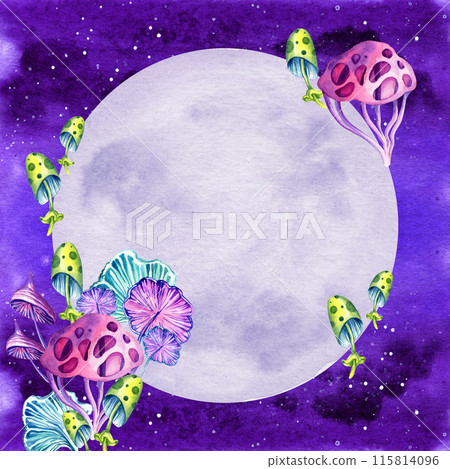neon watercolor illustration of fantastic multicolor cosmic mushrooms and stars with lilac moon background, hand draw picture of magic colorful plant, fungus, magenta, purple colors neon watercolor illustration of fantastic multicolor cosmic mushrooms and stars with lilac moon background, hand draw picture of magic colorful plant, fungus, magenta, purple colors 115814096