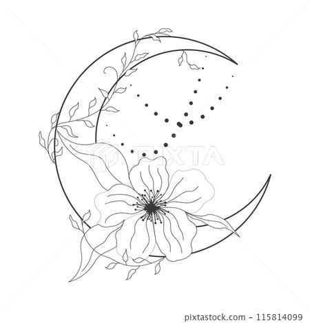 Elegant thin line moon flower contour tattoo, floral spiritual mystic element, Esoteric boho magic illustration, Line, leaves and dors decoration 115814099