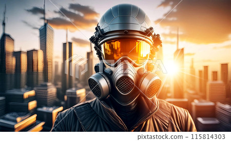 Close-up of a Man in Gas Mask Witnessing an Environmental Disaster - Generative Ai 115814303