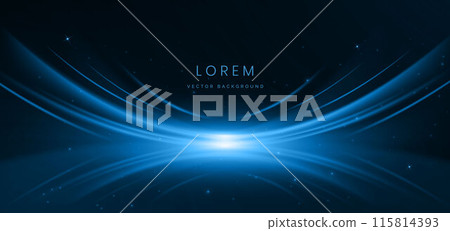 Abstract futuristic blue curved light lines with effect sparkle on dark blue background. 115814393
