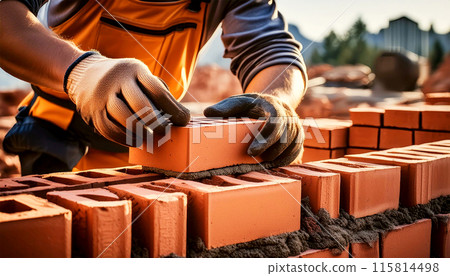 Gloved Hands of a Bricklayer Laying a Clay Brick on Brick Wall Under Construction - Generative Ai 115814498