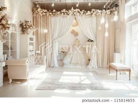 Luxurious wedding store interior with a central mannequin showcasing a stunning dress, complemented by soft drapery, floral decor 115814655