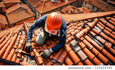 Top View of a Bricklayer Repairing the Broken Tiles of an Old Roof - Generative Ai 115814740
