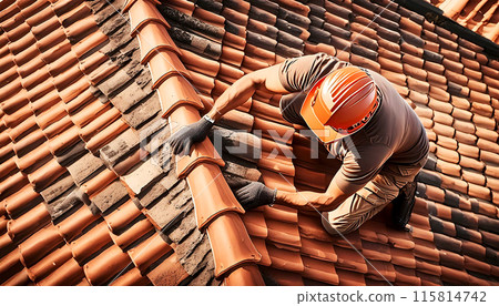Top View of a Bricklayer Repairing the Broken Tiles of an Old Roof - Generative Ai 115814742