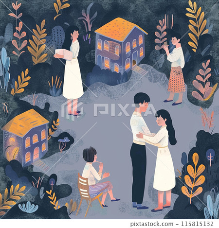 Illustration of a family playing in the park in spring 115815132