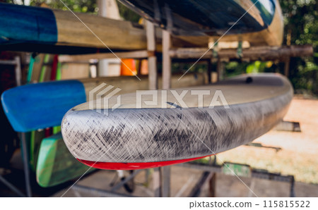 A variety of surfboards are neatly displayed on a stand 115815522