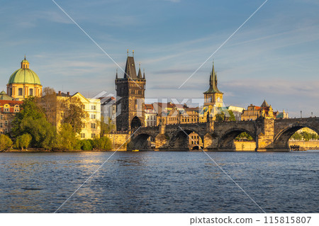 Charles Bridge with towers in Prague in beautiful light at sunset Charles Bridge with towers in Prague in beautiful light at sunset 115815807