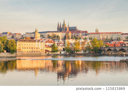 Prague Castle with Vltava river at sunrise, Prague. 115815869