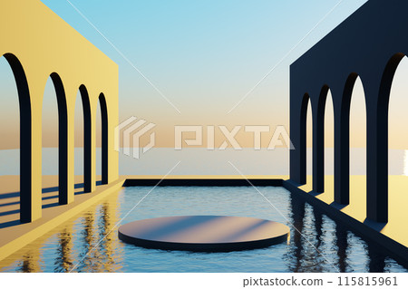 Colorful design of arched walls and rippling water. 3d render 115815961