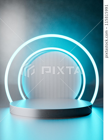3D rendering image of round pedestal near neon lit arch frame 115815991