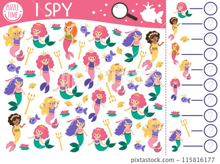 Mermaid I spy game for kids. Searching, counting activity with trident, water lily, seashell, fish. Fairytale ocean kingdom printable worksheet for children. Simple marine spotting puzzle Mermaid I spy game for kids. Searching, counting activity with trident, water lily, seashell, fish. Fairytale ocean kingdom printable worksheet for children. Simple marine spotting puzzle 115816177