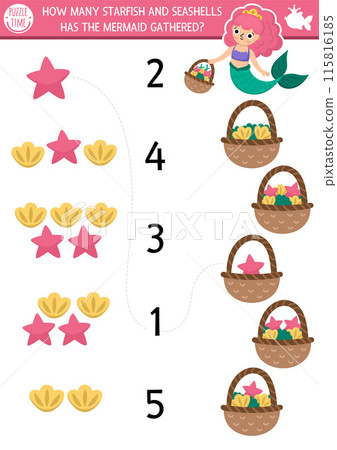 Match the numbers mermaid game with princess gathering starfish, seashells. Fairytale ocean kingdom math activity for preschool kids. Marine educational counting worksheet with sea fruit baskets Match the numbers mermaid game with princess gathering starfish, seashells. Fairytale ocean kingdom math activity for preschool kids. Marine educational counting worksheet with sea fruit baskets 115816185