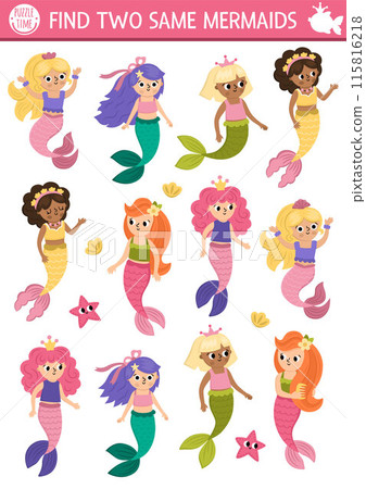 Find two same mermaids. Fairytale ocean kingdom matching activity for children. Marine educational quiz worksheet for kids for attention skills. Simple printable game with cute sea princess 115816218