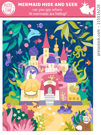 Vector mermaid searching game with fairytale ocean kingdom landscape and palace. Spot hidden princess tails in the picture. Simple marine seek and find educational printable activity for kids Vector mermaid searching game with fairytale ocean kingdom landscape and palace. Spot hidden princess tails in the picture. Simple marine seek and find educational printable activity for kids 115816226