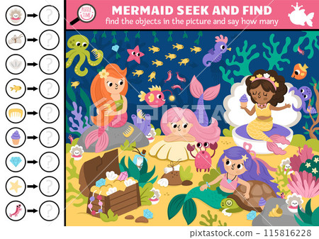Vector mermaid searching game with fairytale ocean kingdom landscape. Spot hidden objects in the picture and say how many. Fantasy seek and find counting educational printable activity for kids Vector mermaid searching game with fairytale ocean kingdom landscape. Spot hidden objects in the picture and say how many. Fantasy seek and find counting educational printable activity for kids 115816228