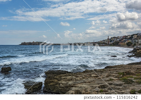 The coast of the island of Crete near the city of Reus with a view of the Venetian Fortress (Greece) 115816242