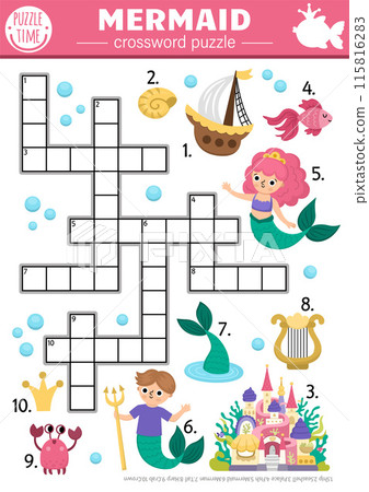 Vector mermaid crossword puzzle for kids. Marine quiz with merman, ship, palace, fish, crab for children. Cute ocean fairytale kingdom educational cross word activity with sea princess 115816283