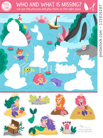Vector mermaid cut and glue activity. Crafting game with cute lagoon landscape with sea princess. Fun marine printable worksheet for children. Find the right piece of the puzzle. Complete the picture Vector mermaid cut and glue activity. Crafting game with cute lagoon landscape with sea princess. Fun marine printable worksheet for children. Find the right piece of the puzzle. Complete the picture 115816287