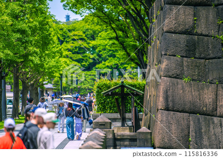 日本東京城市景觀入境復興...從和田倉門十字路口一側看到擠滿外國遊客的江戶城遺址= 6月 115816336