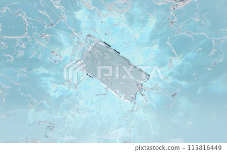 water dropping smartphone, mobile phone falls into water with bubble, water splash isolated on blue background. cell phone damaged, 3d illustration render, top view 115816449