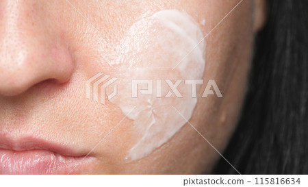 Facial skin with enlarged pores. Cream on the skin. Care for problem skin. Facial skin with enlarged pores. Cream on the skin. Care for problem skin. 115816634