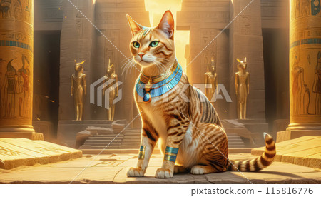 Golden Egyptian magic divine cat, cat in the temple of the Egyptian goddess 115816776