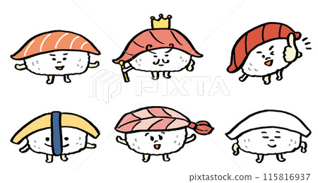 Cute characters of various sushi such as tuna and salmon Cute characters of various sushi such as tuna and salmon 115816937