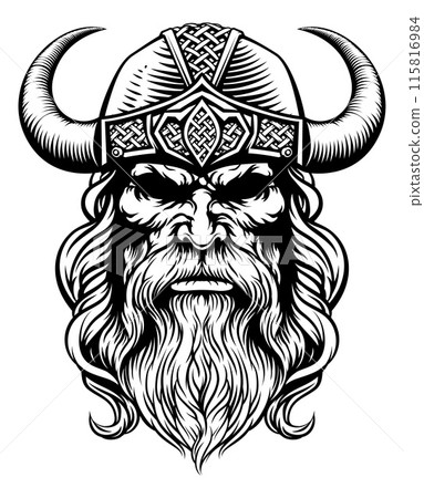 Viking Warrior Man Strong Mascot Face in Helmet Viking Warrior Man Strong Mascot Face in Helmet 115816984