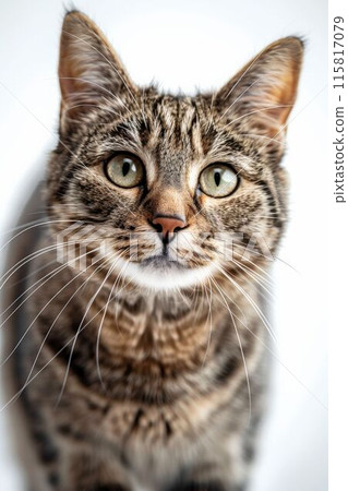 A detailed close-up portrait of a tabby cat with striking green eyes 115817079