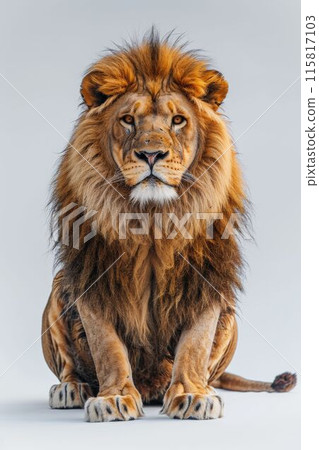 A powerful and majestic lion sits against a white background, showcasing its intense gaze and luxurious mane. 115817103