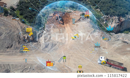 aerial view shot mining, dumpers, quarrying extractive industry stripping work. Big Mining Trucks. View from drone at opencast mining with lots of machinery trucks. High quality photo aerial view shot mining, dumpers, quarrying extractive industry stripping work. Big Mining Trucks. View from drone at opencast mining with lots of machinery trucks. High quality photo 115817422