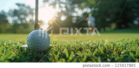Golf Ball On Green With Blurred Golfer In Background During Sunny Day 115817865