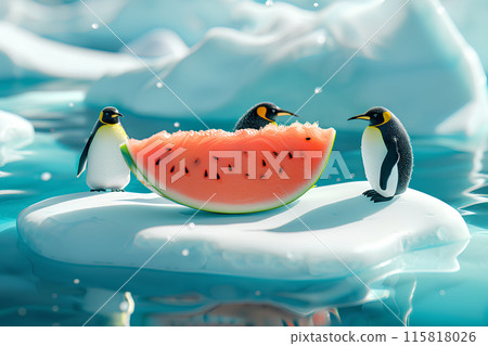 Penguins and watermelons on an iceberg Penguins and watermelons on an iceberg 115818026
