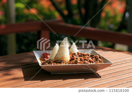 在露臺上享用日式咖哩飯午餐 在露臺上享用日式咖哩飯午餐 115818100