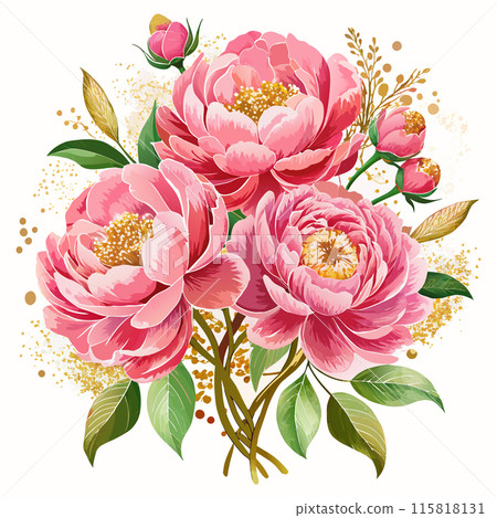 A bouquet of pink flowers with gold accents. The flowers are arranged in a way that creates a sense of harmony and balance. The gold accents add a touch of elegance 115818131