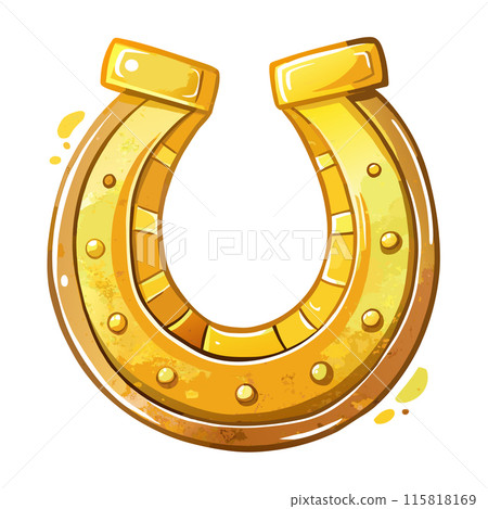 A gold horseshoe with a white background. The horseshoe is open and has a lot of holes 115818169