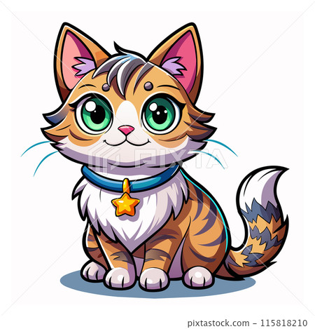 A cartoon cat with a star collar and a green eye. The cat is sitting on a white background 115818210