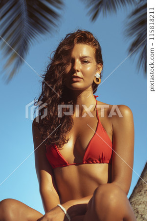 Fashion Bikini Woman in With Perfect Tan in Tropical Setting 115818211