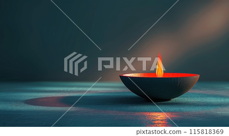 A Single Lit Candle in a Blue Setting 115818369