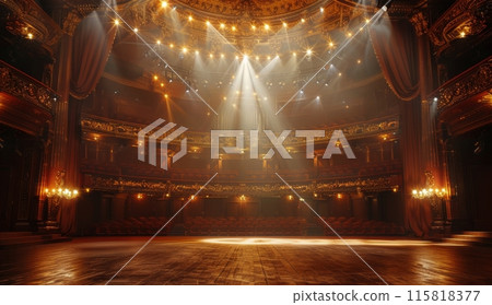 Empty Stage With Spotlights In Ornate Theater Empty Stage With Spotlights In Ornate Theater 115818377