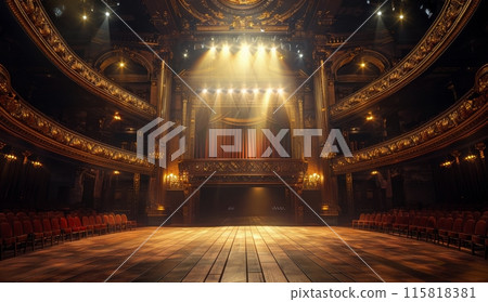 Empty Stage With Spotlights In Ornate Theater 115818381