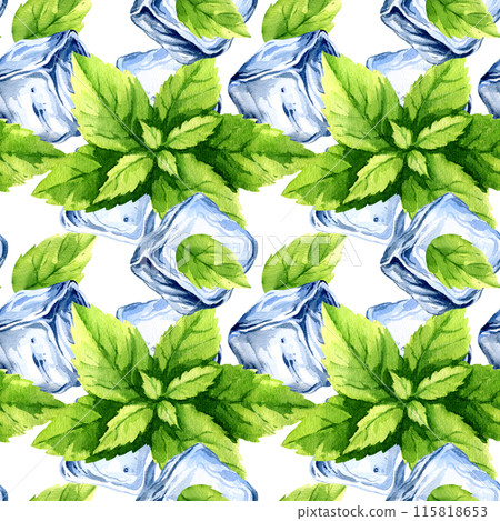 crystal ice blocks, fresh leaves of mint, seamless pattern with hand drawn watercolor ingredients for summer refreshing drinks, blue frozen water cubes for cocktails and mint, white background 115818653