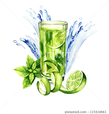 watercolor glass of mojito cocktail with fresh leaves of mint and green fruit lime against the background of jets, splashes of water, summer refreshing drink, illustration, hand drawn sketch beverage 115818661