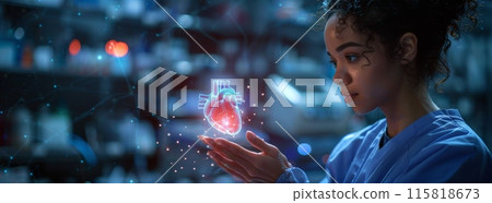 Nurse in blue scrubs observing holographic heart in futuristic medical lab 115818673