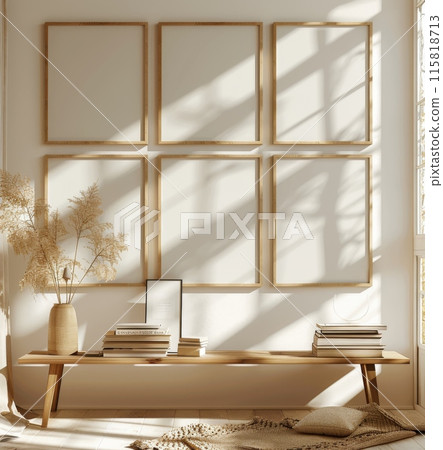 Minimalist interior with six wooden frames, vase, and books on wooden bench Minimalist interior with six wooden frames, vase, and books on wooden bench 115818713